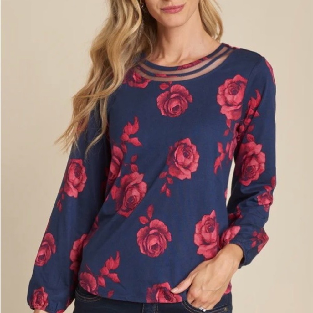 Christopher & Banks Navy and Red Rose Blouse